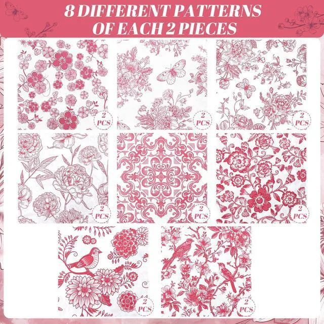 Alt view image 6 of 7 - 16 Pcs 8 Styles Decoupage Napkins, Pink and White Floral Paper Napkins Chinoiserie Decorative Cocktail Napkin Pretty Printed Cocktail Paper for DIY Crafting Furniture Decor Birthday Party Baby Shower