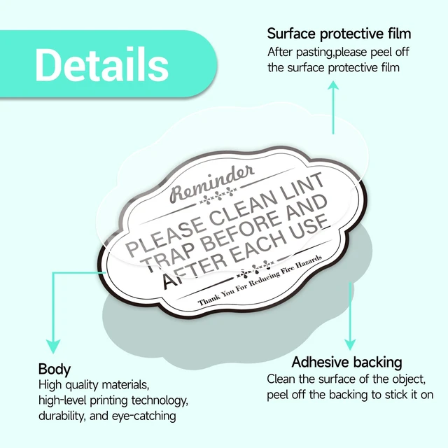 Alt view image 3 of 7 - Clean Lint Trap Reminder Sign, Self-adhesive Waterproof and Anti-fading Clean Lint Trap Before and After Each Cycle sticker for Dryer, Essentials for Hosts and Guests Bathroom Sign(White)