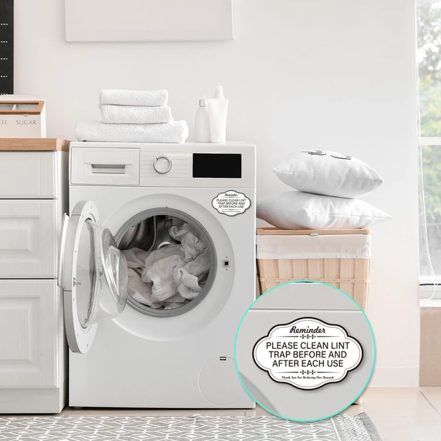Alt view image 5 of 7 - Clean Lint Trap Reminder Sign, Self-adhesive Waterproof and Anti-fading Clean Lint Trap Before and After Each Cycle sticker for Dryer, Essentials for Hosts and Guests Bathroom Sign(White)