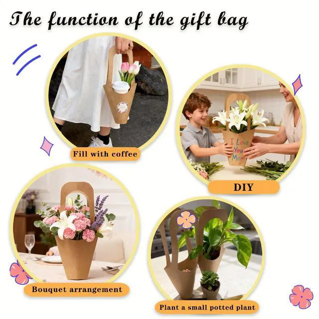 Alt view image 4 of 7 - 20 Pcs kraft paper flowers gift bags bouquets bags cones flower bouquet bags with handle to make bouquets for wedding,paper wedding birthday gift bag valentines day gift bag