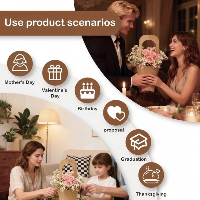 Alt view image 5 of 7 - 20 Pcs kraft paper flowers gift bags bouquets bags cones flower bouquet bags with handle to make bouquets for wedding,paper wedding birthday gift bag valentines day gift bag