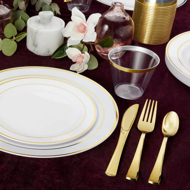 Alt view image 2 of 7 - 50 Pack Gold Plastic Silverware - Gold Utensils Set Disposable - 26 Forks, 12 Spoons, 12 Knives - BPA Free Disposable Utensils - Heavy Duty Cutlery For All Occasions