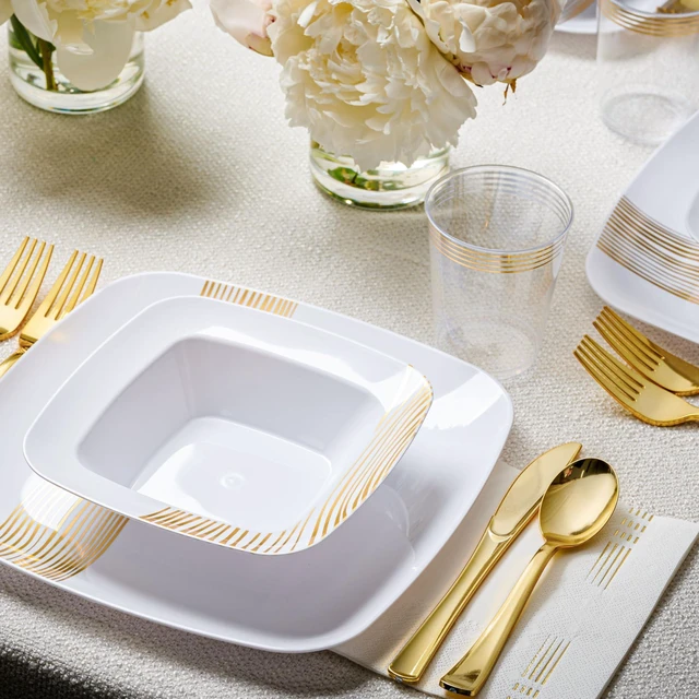 Alt view image 4 of 7 - 50 Pack Gold Plastic Silverware - Gold Utensils Set Disposable - 26 Forks, 12 Spoons, 12 Knives - BPA Free Disposable Utensils - Heavy Duty Cutlery For All Occasions
