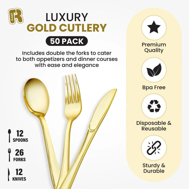 Alt view image 6 of 7 - 50 Pack Gold Plastic Silverware - Gold Utensils Set Disposable - 26 Forks, 12 Spoons, 12 Knives - BPA Free Disposable Utensils - Heavy Duty Cutlery For All Occasions