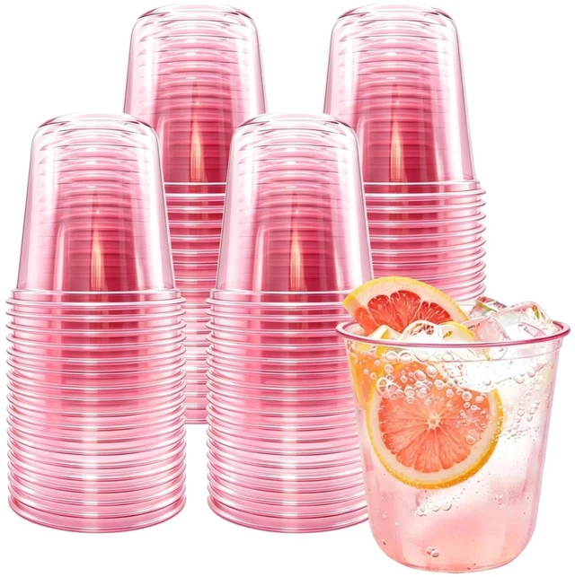 Main image of 50 PCS 12 Oz Disposable Pink Cold Drink Cups, Stemless | PET Plastic, BPA Free, 3.66in Height, 2.5in Bottom Dia, 3.5in Mouth Dia, Nestable Storage, Wine, Coffee, Juices Etc.