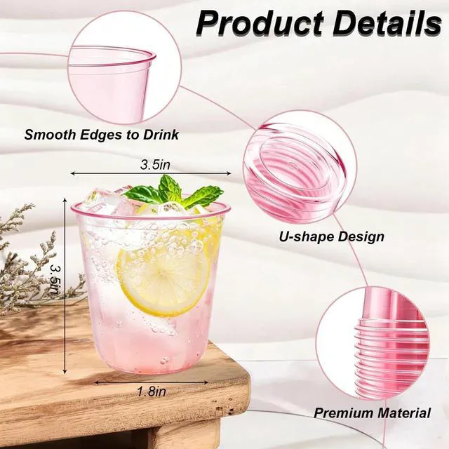 Alt view image 2 of 7 - 50 PCS 12 Oz Disposable Pink Cold Drink Cups, Stemless | PET Plastic, BPA Free, 3.66in Height, 2.5in Bottom Dia, 3.5in Mouth Dia, Nestable Storage, Wine, Coffee, Juices Etc.