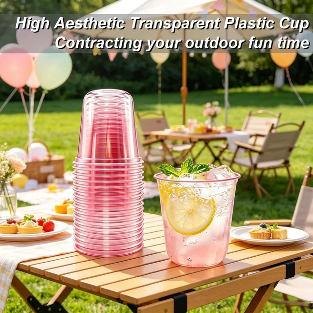 Alt view image 3 of 7 - 50 PCS 12 Oz Disposable Pink Cold Drink Cups, Stemless | PET Plastic, BPA Free, 3.66in Height, 2.5in Bottom Dia, 3.5in Mouth Dia, Nestable Storage, Wine, Coffee, Juices Etc.