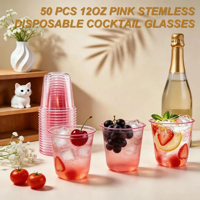 Alt view image 4 of 7 - 50 PCS 12 Oz Disposable Pink Cold Drink Cups, Stemless | PET Plastic, BPA Free, 3.66in Height, 2.5in Bottom Dia, 3.5in Mouth Dia, Nestable Storage, Wine, Coffee, Juices Etc.