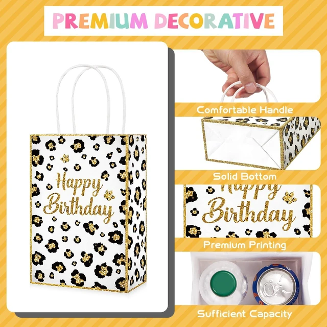 Alt view image 2 of 6 - 16Pcs Cheetah Print Party Favor Bags Handles Safari Goodie Bags | White Leopard Happy Birthday Candy Treat Gift Bags with Handles for Jungle Safari Birthday Party Favors Supplies