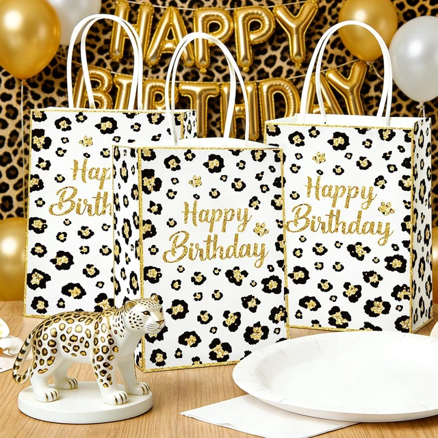 Alt view image 4 of 6 - 16Pcs Cheetah Print Party Favor Bags Handles Safari Goodie Bags | White Leopard Happy Birthday Candy Treat Gift Bags with Handles for Jungle Safari Birthday Party Favors Supplies