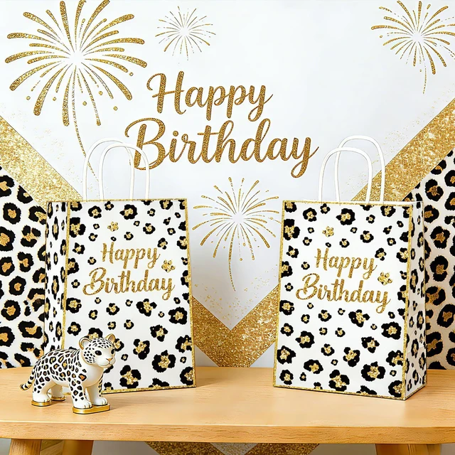 Alt view image 5 of 6 - 16Pcs Cheetah Print Party Favor Bags Handles Safari Goodie Bags | White Leopard Happy Birthday Candy Treat Gift Bags with Handles for Jungle Safari Birthday Party Favors Supplies