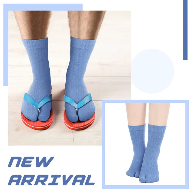 Alt view image 2 of 7 - 4 Pairs Socks for Flip Flop, black, Gray, Blue, Nude | Split Design for Sandals, Elastic Ribbed Knit, Unisex Crew Length, Breathable Casual Wear, Big Toe Separation