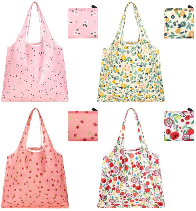 Main image of 4 Pcs Reusable Grocery Bags, Foldable Shopping Bags Heavy Duty, Large Nano Bag Cute Tote Bag for Daily Shopping, Waterproof and Machine Washable (Flowers)