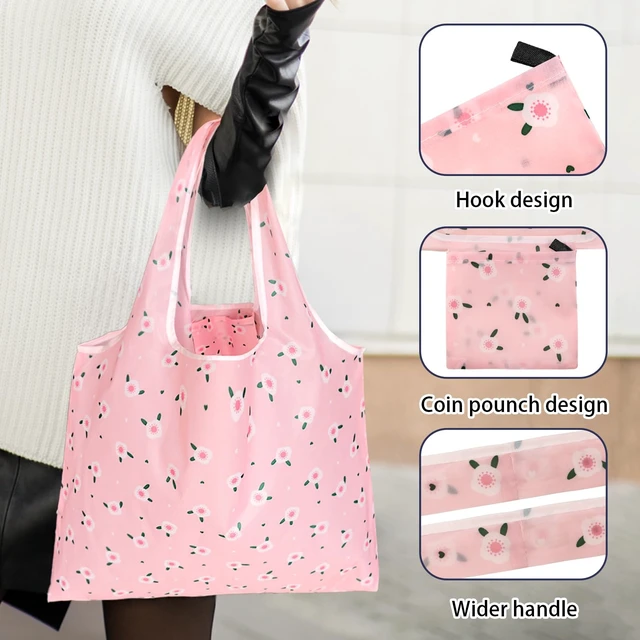 Alt view image 2 of 7 - 4 Pcs Reusable Grocery Bags, Foldable Shopping Bags Heavy Duty, Large Nano Bag Cute Tote Bag for Daily Shopping, Waterproof and Machine Washable (Flowers)