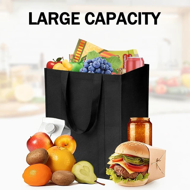 Alt view image 5 of 5 - 1 Pack Large Foldable Shopping Bag, Reusable Grocery Bag, Black | 15"W x 12.5"H x 10"D, For Shopping, Non-woven Fabric, Washable, 40 LBS Capacity