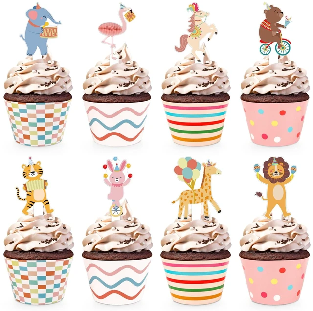 Main image of 48 Pack Circus Animal Cupcake Toppers and Wrappers, Carnival Party Cake Decoration for Animal Theme Birthday Party Baby Shower Supplies