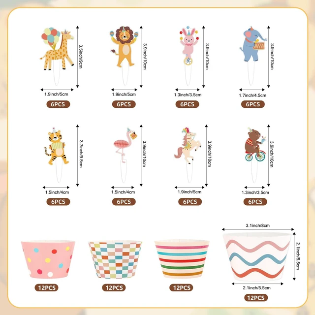 Alt view image 2 of 7 - 48 Pack Circus Animal Cupcake Toppers and Wrappers, Carnival Party Cake Decoration for Animal Theme Birthday Party Baby Shower Supplies
