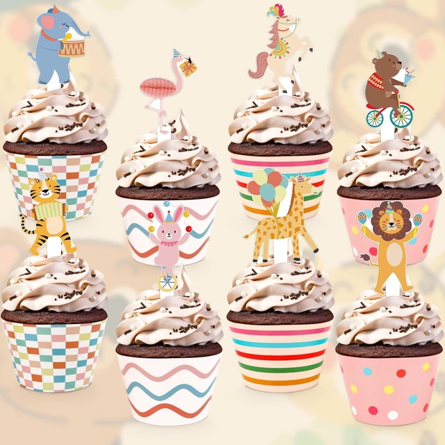 Alt view image 3 of 7 - 48 Pack Circus Animal Cupcake Toppers and Wrappers, Carnival Party Cake Decoration for Animal Theme Birthday Party Baby Shower Supplies