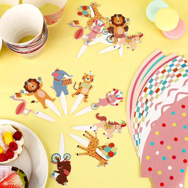 Alt view image 4 of 7 - 48 Pack Circus Animal Cupcake Toppers and Wrappers, Carnival Party Cake Decoration for Animal Theme Birthday Party Baby Shower Supplies