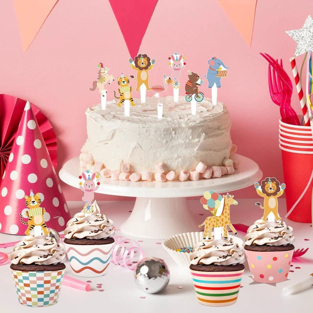 Alt view image 7 of 7 - 48 Pack Circus Animal Cupcake Toppers and Wrappers, Carnival Party Cake Decoration for Animal Theme Birthday Party Baby Shower Supplies