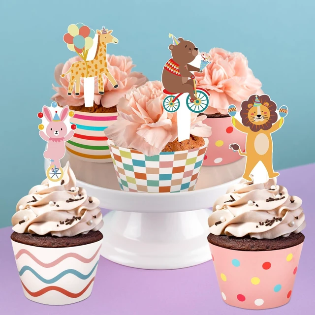 Alt view image 5 of 7 - 48 Pack Circus Animal Cupcake Toppers and Wrappers, Carnival Party Cake Decoration for Animal Theme Birthday Party Baby Shower Supplies