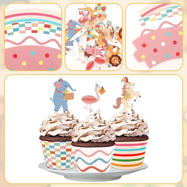 Alt view image 6 of 7 - 48 Pack Circus Animal Cupcake Toppers and Wrappers, Carnival Party Cake Decoration for Animal Theme Birthday Party Baby Shower Supplies