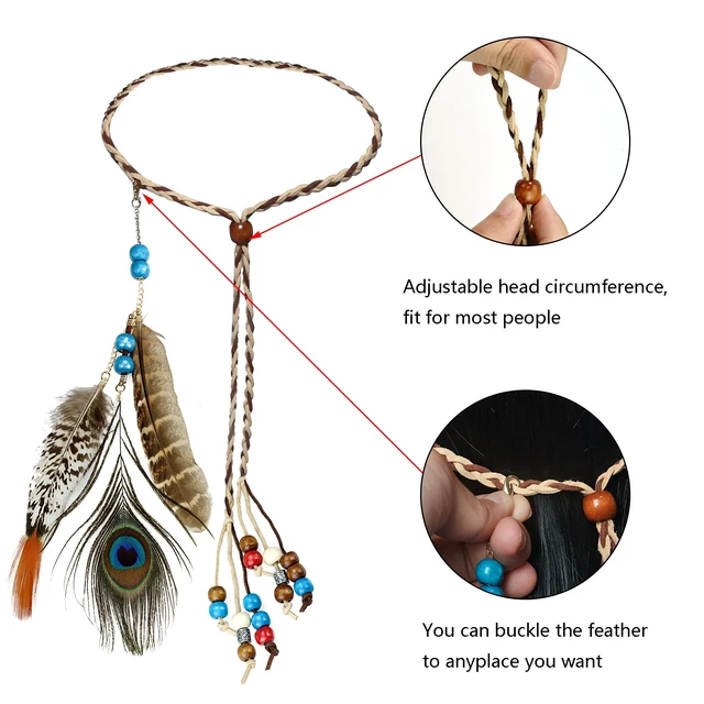 Alt view image 2 of 7 - Boho Feather Headbands Indian Feather Headband Peacoak Headpieces Festival Costumes Hair Accessories for Women and Girls