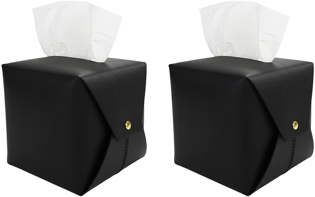 Main image of 2 Pack Tissue Box Cover Square,Bathroom Decor, Black | Soft Faux Leather Tissue Box Holder, Side Opening Snap & Sewn Bottom Design, Easy to Swap, For Vanity Tabletop Office