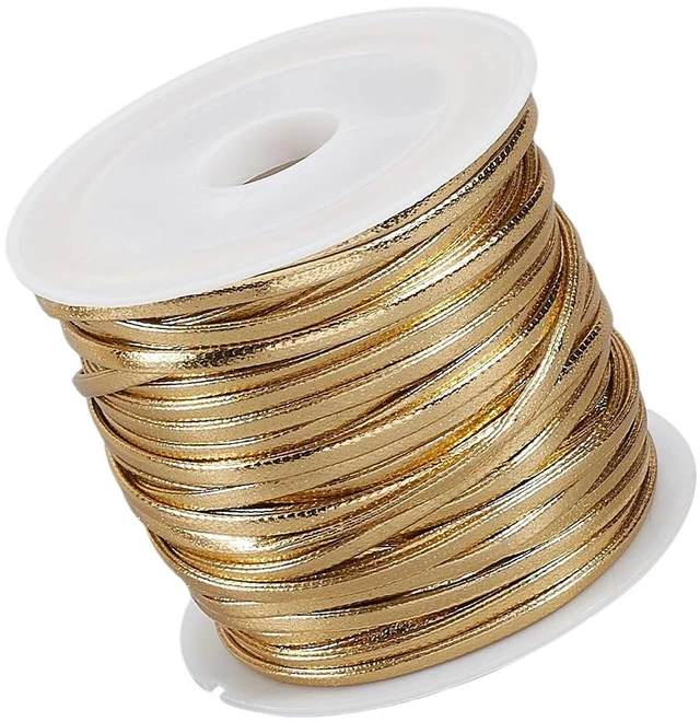 Main image of 10.94 Yard Flat Metallic PU Leather String Cord 2MM Fold Over Gold Leather Thin Strap Double Sided Cording Lace Rope Braiding Strip Thread for Jewelry Making Crafts Bracelet Necklace