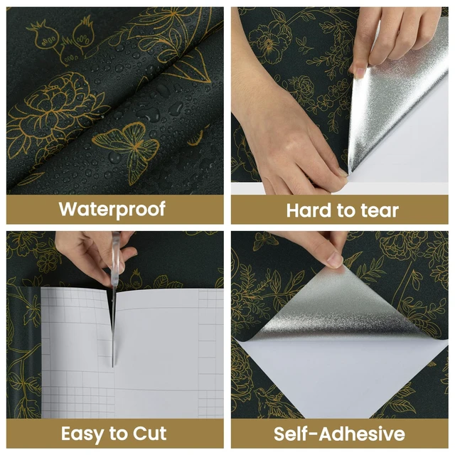 Alt view image 3 of 7 - Dark Green and Gold Floral Shelf Liner Peel and Stick Wallpaper | Vintage Boho Contact Paper for Bathroom, Removable WallPaper Self Adhesive Vinyl Wrap for Cabinets and Drawers 17.3''x 78.7''