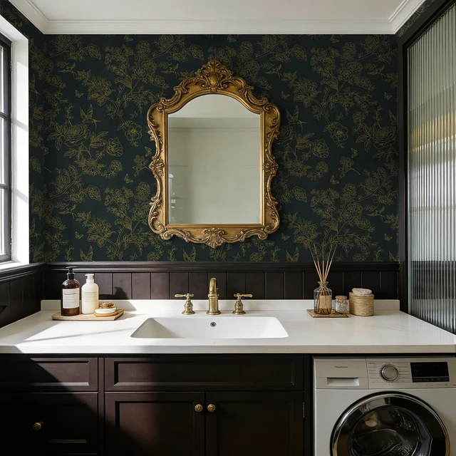 Alt view image 4 of 7 - Dark Green and Gold Floral Shelf Liner Peel and Stick Wallpaper | Vintage Boho Contact Paper for Bathroom, Removable WallPaper Self Adhesive Vinyl Wrap for Cabinets and Drawers 17.3''x 78.7''