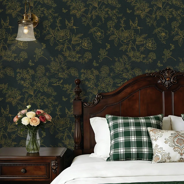 Alt view image 2 of 7 - Dark Green and Gold Floral Shelf Liner Peel and Stick Wallpaper | Vintage Boho Contact Paper for Bathroom, Removable WallPaper Self Adhesive Vinyl Wrap for Cabinets and Drawers 17.3''x 78.7''