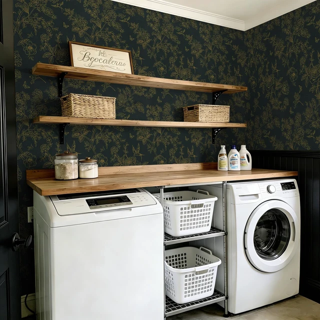 Alt view image 7 of 7 - Dark Green and Gold Floral Shelf Liner Peel and Stick Wallpaper | Vintage Boho Contact Paper for Bathroom, Removable WallPaper Self Adhesive Vinyl Wrap for Cabinets and Drawers 17.3''x 78.7''