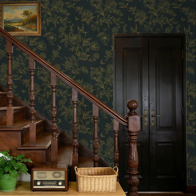 Alt view image 6 of 7 - Dark Green and Gold Floral Shelf Liner Peel and Stick Wallpaper | Vintage Boho Contact Paper for Bathroom, Removable WallPaper Self Adhesive Vinyl Wrap for Cabinets and Drawers 17.3''x 78.7''