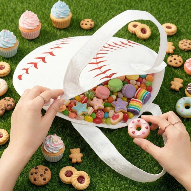 Alt view image 4 of 6 - 10 Inch Baseball Gift Bags with Handles - 10 Pcs Round Baseball Party Favor Bags, Softballs Non-Woven Gift Handbags for Goodies Candy Snacks & SportsThemed Birthday Party Supplies