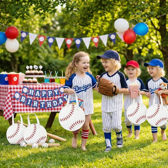 Alt view image 5 of 6 - 10 Inch Baseball Gift Bags with Handles - 10 Pcs Round Baseball Party Favor Bags, Softballs Non-Woven Gift Handbags for Goodies Candy Snacks & SportsThemed Birthday Party Supplies