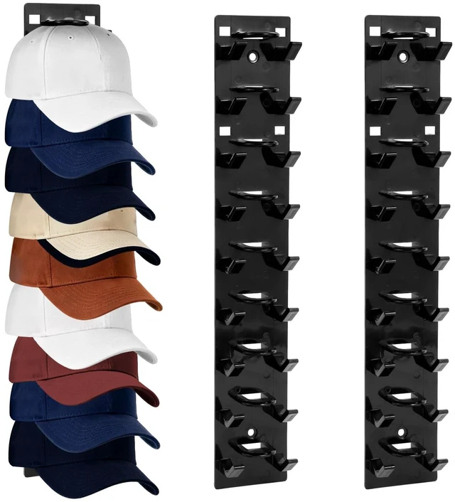Main image of 2 Pack Black Hat Organizer - Hat Rack for Wall & Cap Organizer, Strong Adhesive Multilayer Storage Holder, Wall Mounted Hooks Hold 18 Hats, Easy to Install for Bedroom & Closet Door