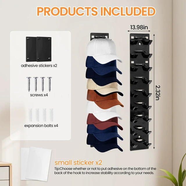 Alt view image 2 of 7 - 2 Pack Black Hat Organizer - Hat Rack for Wall & Cap Organizer, Strong Adhesive Multilayer Storage Holder, Wall Mounted Hooks Hold 18 Hats, Easy to Install for Bedroom & Closet Door