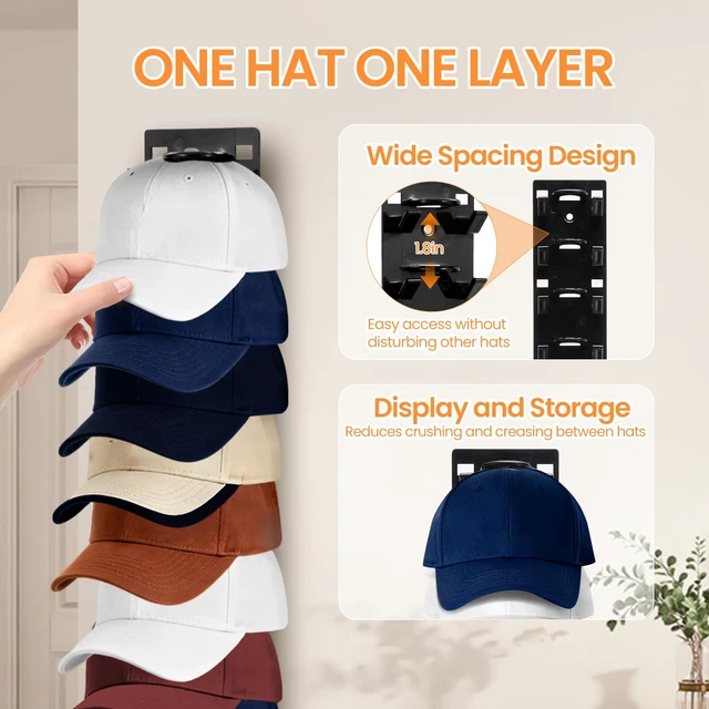 Alt view image 5 of 7 - 2 Pack Black Hat Organizer - Hat Rack for Wall & Cap Organizer, Strong Adhesive Multilayer Storage Holder, Wall Mounted Hooks Hold 18 Hats, Easy to Install for Bedroom & Closet Door