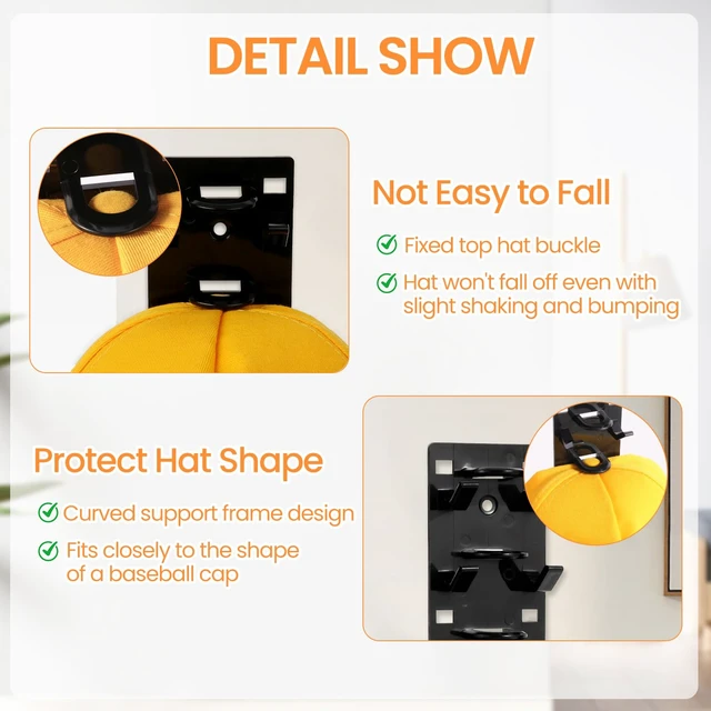 Alt view image 6 of 7 - 2 Pack Black Hat Organizer - Hat Rack for Wall & Cap Organizer, Strong Adhesive Multilayer Storage Holder, Wall Mounted Hooks Hold 18 Hats, Easy to Install for Bedroom & Closet Door