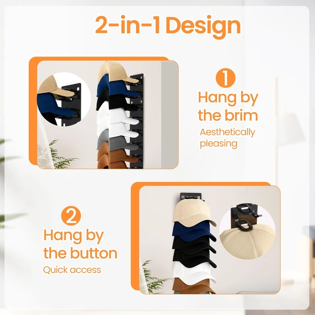 Alt view image 7 of 7 - 2 Pack Black Hat Organizer - Hat Rack for Wall & Cap Organizer, Strong Adhesive Multilayer Storage Holder, Wall Mounted Hooks Hold 18 Hats, Easy to Install for Bedroom & Closet Door