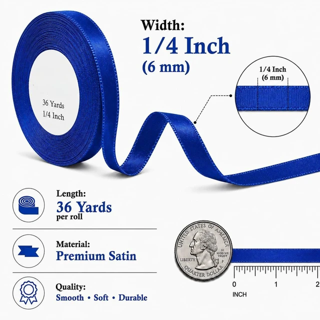 Alt view image 2 of 7 - Royal Blue Ribbon 1/4 Inch x 36 Yards for Gift Wrap & Christmas Decor Satin | Hanukkah & patriotic crafts, graduation cords, sports team spirit, baby boy showers & Fathers Day presents