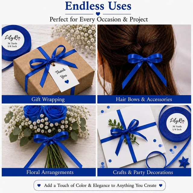 Alt view image 3 of 7 - Royal Blue Ribbon 1/4 Inch x 36 Yards for Gift Wrap & Christmas Decor Satin | Hanukkah & patriotic crafts, graduation cords, sports team spirit, baby boy showers & Fathers Day presents