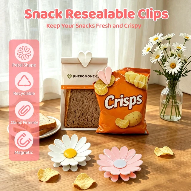 Alt view image 4 of 7 - Daisy Chip Clips Magnetic,Decorative Fridge Magnets for Chip Bag Clips | Magnetic Food Bag Clips,Reusable,Cute Chip Clips with Removable Petals, Perfect for Sealing Snacks, Bread, and Coffee Bags.