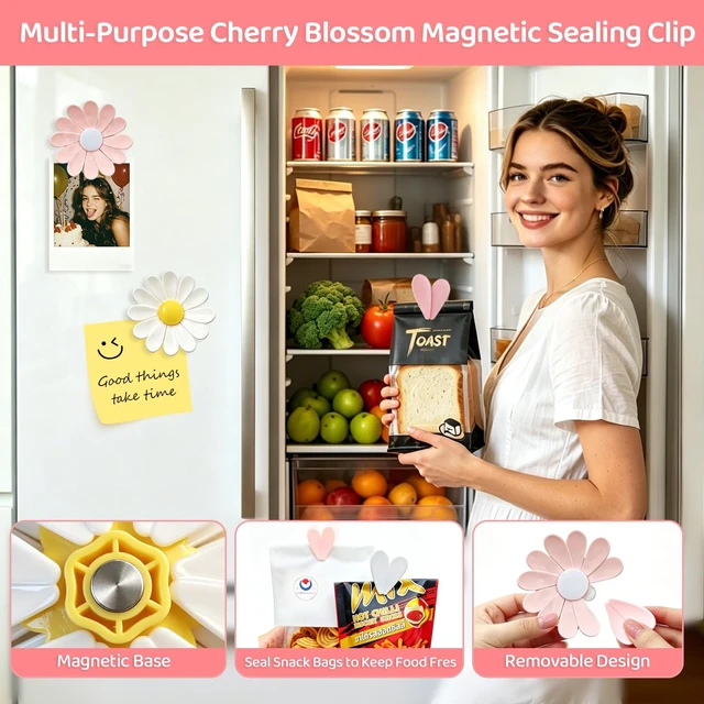 Alt view image 3 of 7 - Daisy Chip Clips Magnetic,Decorative Fridge Magnets for Chip Bag Clips | Magnetic Food Bag Clips,Reusable,Cute Chip Clips with Removable Petals, Perfect for Sealing Snacks, Bread, and Coffee Bags.