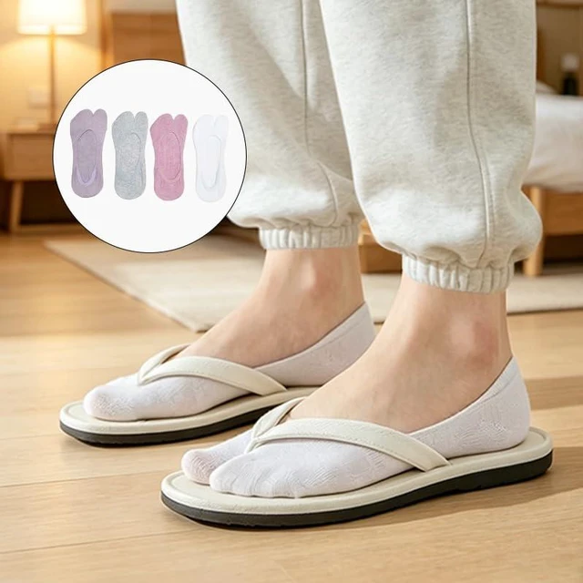 Alt view image 2 of 5 - 4 Pairs Flip Flop Socks, 4 Colors Cotton Tabi Socks, Low Cut Split Toe Socks No Show, Non Slip Japanese Toe Separated Sock for Flip Flop Geta Sneaker Loafer Boat Shoes Flats Unisex