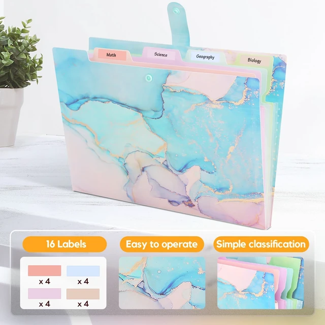 Alt view image 2 of 7 - Expanding File Folder, Aesthetic Folders for School, Accordion File Organizer, Aesthetic Folder with Labels,5 Pockets Important Document Folders for School Office Home(Cyan Gold)