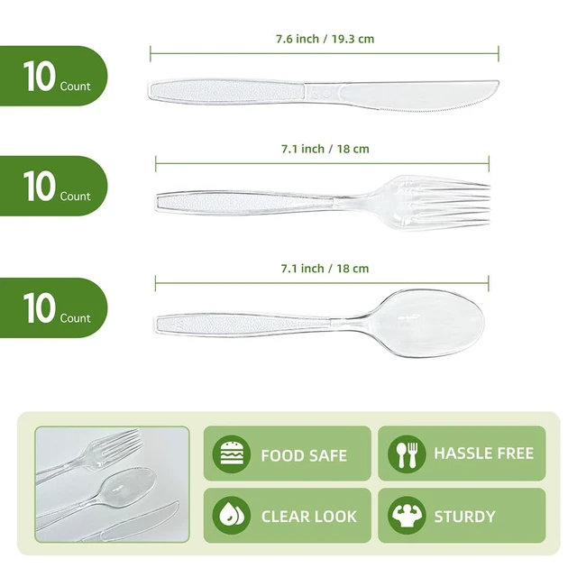 Alt view image 2 of 5 - Plastic Silverware Set, 30-Piece Disposable Plastic Utensils for Parties, Clear Cutlery, Plasticware Forks, Spoons, Knives