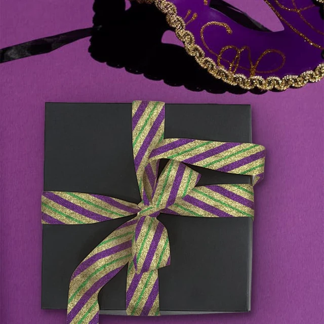 Alt view image 3 of 5 - Mardi Gras Fabric Ribbons 10 Yards Gold Purple Glitter Strips Burlap Ribbon for Mardi Gras Carnival Hanging Decor Gift Wrapping Party Decoration Outdoor Crafts Supplies (2.5 Inch * 10 Yards * 1 Roll)