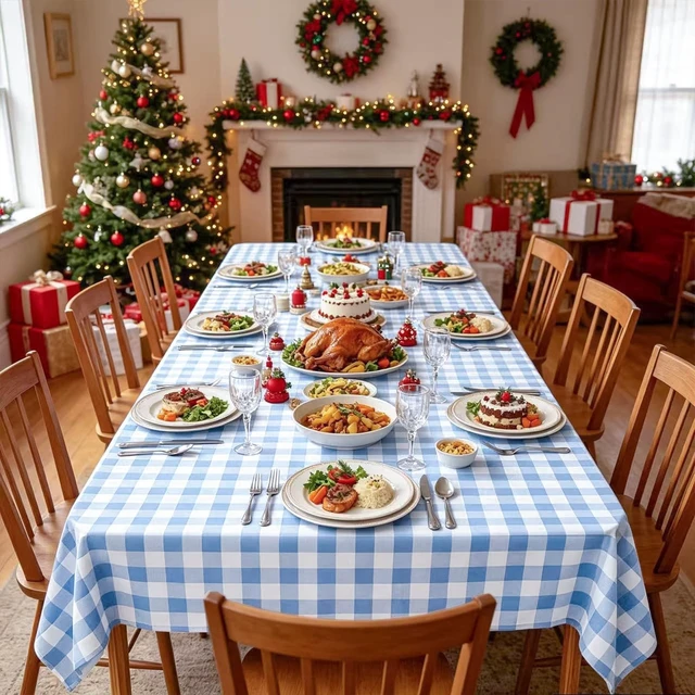 Alt view image 7 of 7 - 2 Pcs Blue and White Checkered Tablecloth, Blue Plastic Table Cloths for Parties Disposable, 54 x 108 inch Waterproof Rectangular Blue Gingham Camping Tablecloth for Birthday,Picnic, Party, Camping